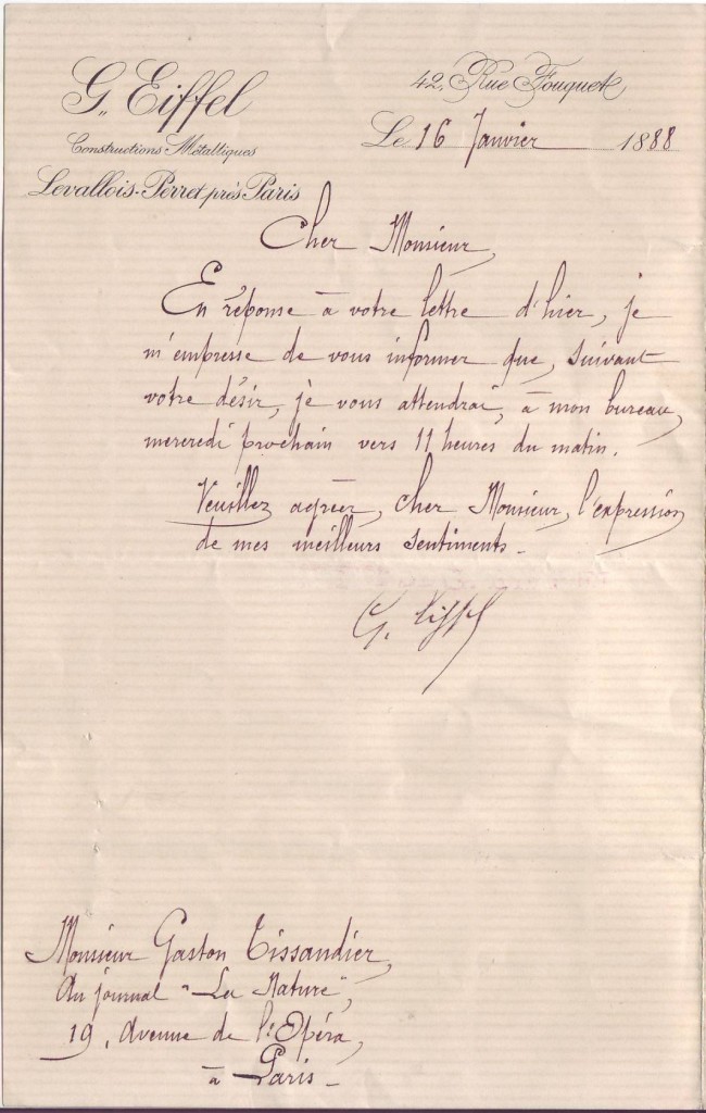 EIFFEL, GUSTAVE. Letter Signed, G. Eiffel, to founder and editor of La Nature Gaston Tissandier, in French,